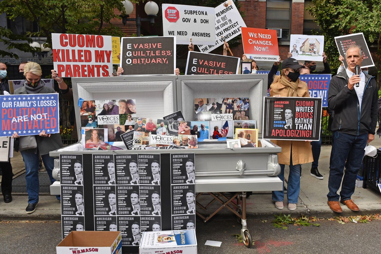 Casket outside Brooklyn nursing home filled with 6,500 covers of Cuomo’s book