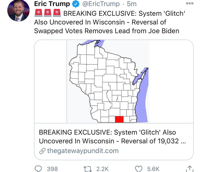System ‘Glitch’ Also Uncovered In Wisconsin – Reversal of Swapped Votes Removes Lead from Joe Biden