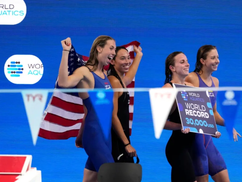 Americans Finish Strong With Women’s Medley Relay World Record in Swim Worlds to Top Medal Tables